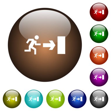 Çıkış işareti simgeleri yuvarlak renkli cam düğmeleri beyaz