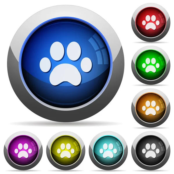 Paw Prints Pictogrammen Ronde Glanzende Knoppen Met Stalen Frames — Stockvector