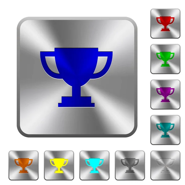 Trofee Cup Gegraveerd Pictogrammen Afgeronde Vierkant Glanzende Stalen Knoppen — Stockvector