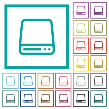 Beyaz arkaplanda çeyrek çerçeveli düz disk sürücüsü düz renk simgeleri