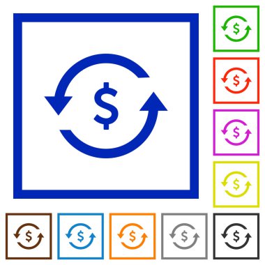 Kare kare beyaz arka plan üzerinde dolar ödeme geri düz renk simgeleri