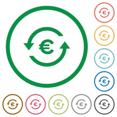 Euro ödeme geri düz renk simgeleri beyaz arka plan üzerinde yuvarlak özetliyor