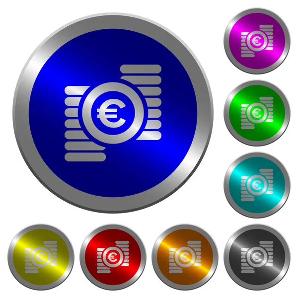 Euro Monedas Iconos Redondo Luminoso Moneda Como Botones Acero Color — Vector de stock