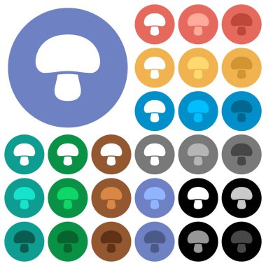 Mantar çok düz simgeler yuvarlak arka plan üzerinde renkli. Beyaz, açık ve koyu kutsal kişilerin resmi varyasyon vurgulu ve etkin durumu efektleri ve bonus tonları siyah backgounds tarih dahil.