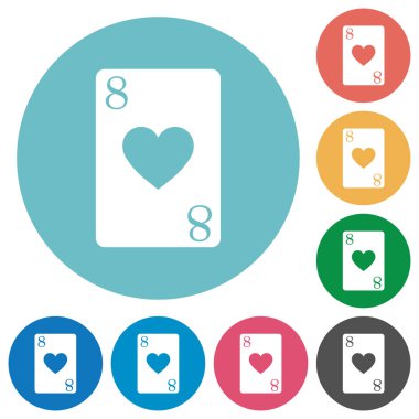 Sekiz yuvarlak renkli arka planlar üzerinde kalp kart düz beyaz simgelerin