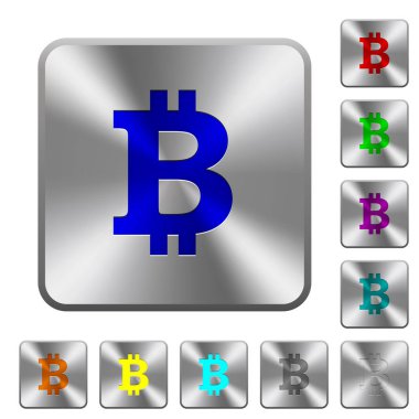 Bitcoin işareti simgeleri Yuvarlatılmış kare parlak çelik düğmeler üzerinde kazınmış.