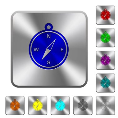 Yuvarlatılmış kare parlak çelik düğmeler üzerinde oyulmuş simgeler pusula