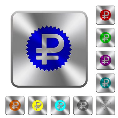 Rublesi etiket simgeler Yuvarlatılmış kare parlak çelik düğmeler üzerinde kazınmış.
