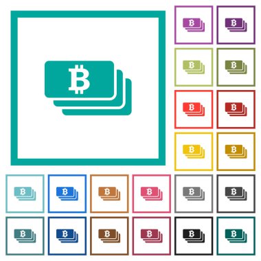 Bitcoin banknotlar çeyreği kare beyaz arka plan üzerinde renkli simgelerle düz