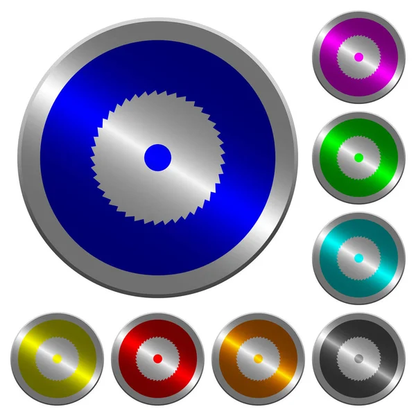 丸鋸のアイコン丸い鋼光のコインのような色のボタン — ストックベクタ