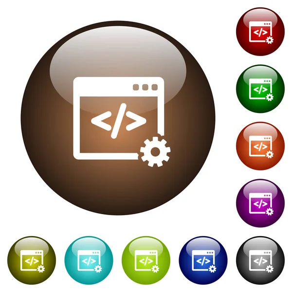 Web Utveckling Vita Ikoner Runda Färg Glas Knappar — Stock vektor