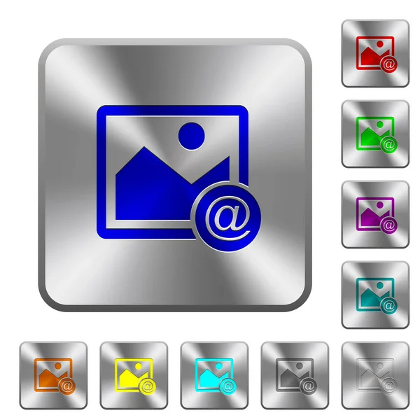 Invia Immagine Come Mail Icone Incise Pulsanti Acciaio Lucido Quadrato — Vettoriale Stock