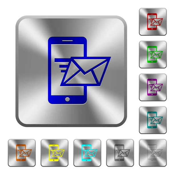 Enviar Mail Ícones Gravados Telefone Celular Botões Aço Brilhantes Quadrados — Vetor de Stock