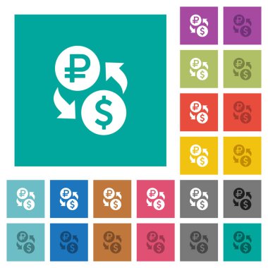 Rublesi Doları para Satım çok düz simgeler düz kare arka plan üzerinde renkli. Beyaz ve koyu kutsal kişilerin resmi varyasyon hover veya etkin efektleri dahil.