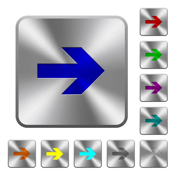 Pijl Rechts Gegraveerd Pictogrammen Afgeronde Vierkant Glanzende Stalen Knoppen — Stockvector