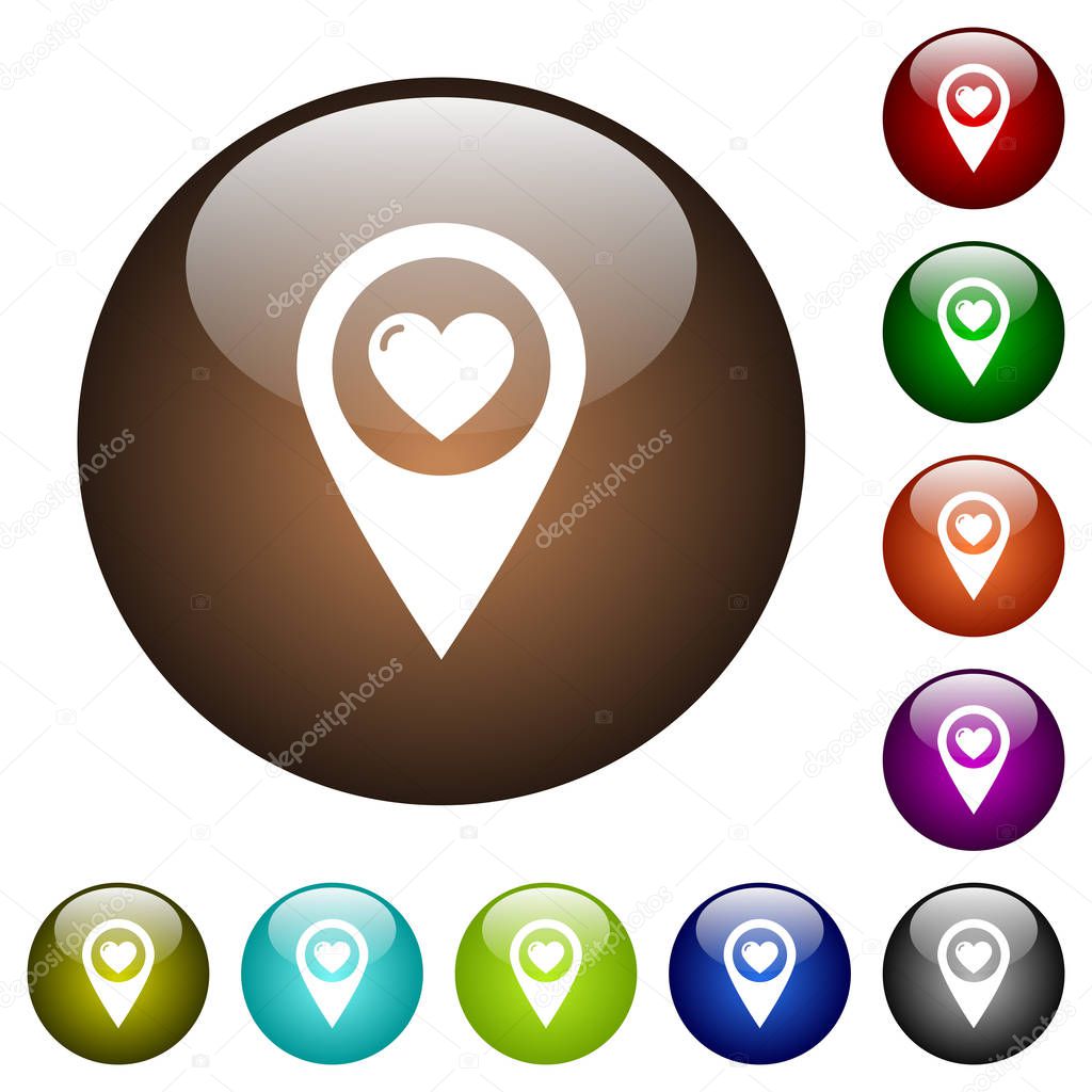 Favorite GPS map location white icons on round color glass buttons
