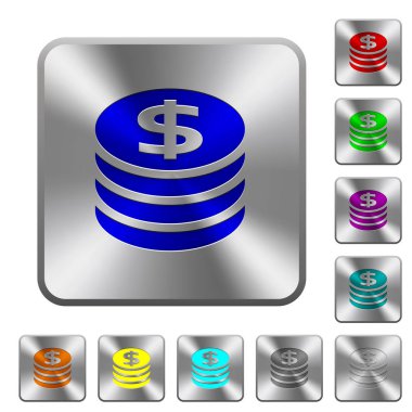 Yuvarlatılmış kare parlak çelik düğmeler üzerinde oyulmuş simgeler doları paralar