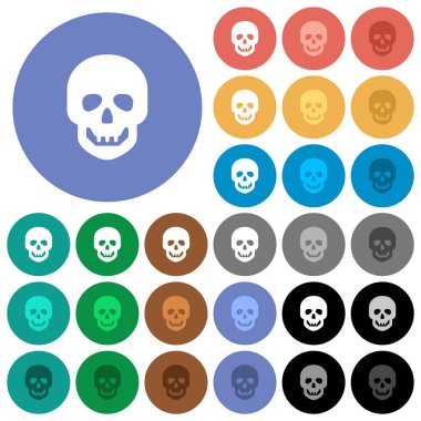 İnsan kafatası çok yuvarlak arka planlar üzerinde düz simgeler renkte. Beyaz, açık ve koyu kutsal kişilerin resmi varyasyon vurgulu ve etkin durumu efektleri ve bonus tonları siyah backgounds tarih dahil.