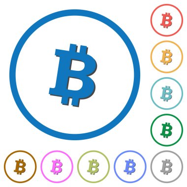 Yuvarlak Bitcoin dijital cryptocurrency düz renk vektör simgeler gölgelerde ile özetliyor beyaz arka plan üzerinde