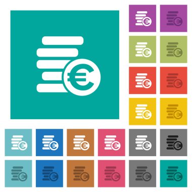Euro çok düz simgeler düz kare arka plan üzerinde renkli sikke. Beyaz ve koyu kutsal kişilerin resmi varyasyon hover veya etkin efektleri dahil.
