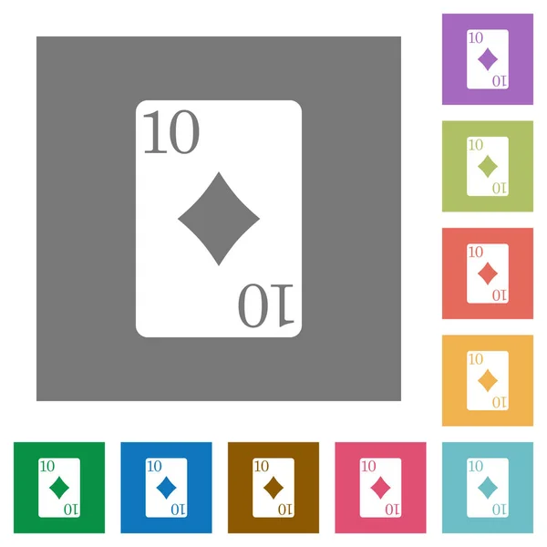Zehn Diamanten Karte Flache Symbole Auf Einfachen Farbigen Quadratischen Hintergründen — Stockvektor