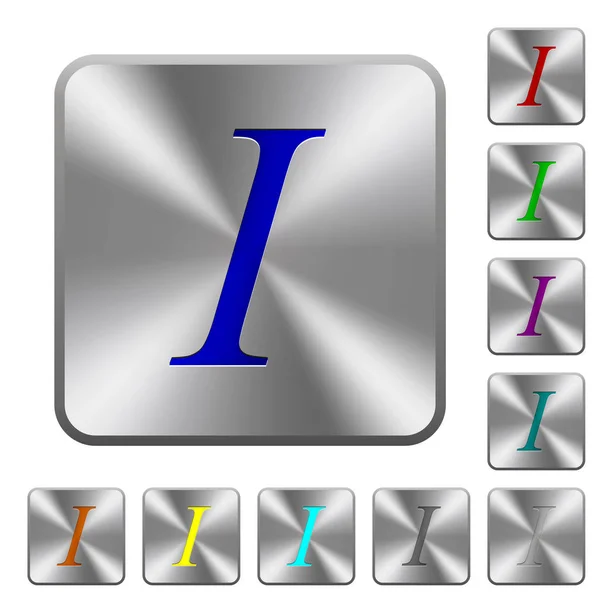 斜体字体类型刻在圆角方形光泽钢按钮上的图标 — 图库矢量图片