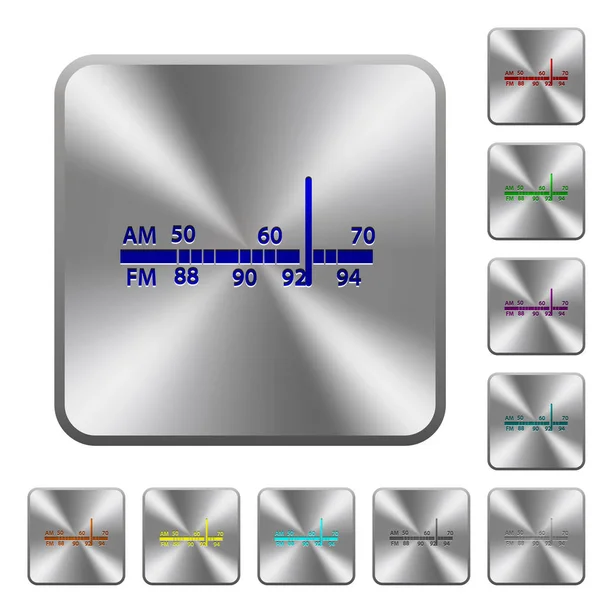 Radio Tuner Icônes Gravées Sur Des Boutons Ronds Carrés Acier — Image vectorielle