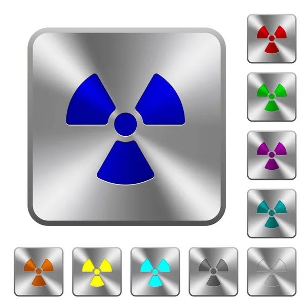Strahlungsgravierte Symbole Auf Abgerundeten Quadratischen Glänzenden Stahlknöpfen — Stockvektor