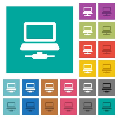 Ağ bilgisayarı çok düz simgeler düz kare arka plan üzerinde renkli. Beyaz ve koyu kutsal kişilerin resmi varyasyon hover veya etkin efektleri dahil.