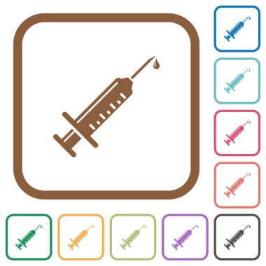 Şırınga ile açılan basit kutsal kişilerin resmi renkli kare kare beyaz arka plan üzerinde yuvarlak
