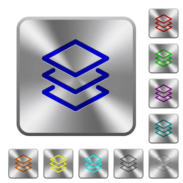 Vrstvy Vyraženým Ikony Zaoblené Ocelové Čtvercové Lesklá Tlačítka — Stockový vektor