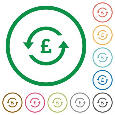 Pound ödeme geri düz renk simgeleri beyaz arka plan üzerinde yuvarlak özetliyor