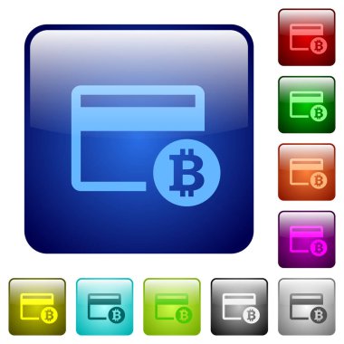 Bitcoin kredi kartı simgeleri Yuvarlatılmış kare renkli parlak düğme ayarla