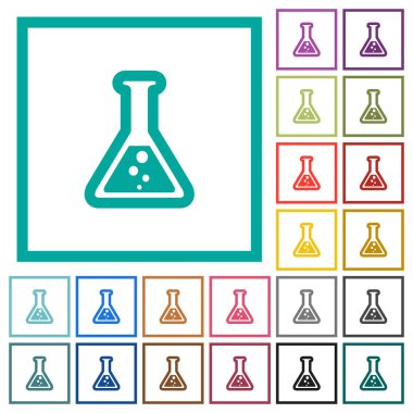 Beyaz arka plan üzerinde çeyreği çerçeveli sıvı düz renk simgelerle şişesi