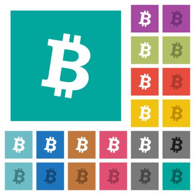 Bitcoin dijital cryptocurrency çok düz simgeler düz kare arka plan üzerinde renkli. Beyaz ve koyu kutsal kişilerin resmi varyasyon hover veya etkin efektleri dahil.