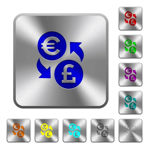 Euro Pfund Geldwechsel Eingravierte Symbole Auf Abgerundeten Quadratischen Glänzenden Stahlknöpfen — Stockvektor