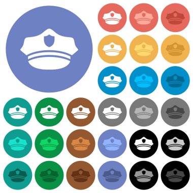 Polis çok yuvarlak arka planlar üzerinde düz simgeler renkte şapka. Beyaz, açık ve koyu kutsal kişilerin resmi varyasyon vurgulu ve etkin durumu efektleri ve bonus tonları siyah backgounds tarih dahil.