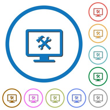 Beyaz arka plan üzerinde yuvarlak özetliyor gölgelerde ile masaüstü araçları düz renk vektör simgeleri