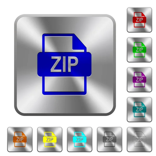 Zip Bestandsindeling Gegraveerd Pictogrammen Afgeronde Vierkant Glanzende Stalen Knoppen — Stockvector