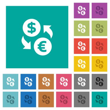 Dolar Euro para Satım çok düz simgeler düz kare arka plan üzerinde renkli. Beyaz ve koyu kutsal kişilerin resmi varyasyon hover veya etkin efektleri dahil.