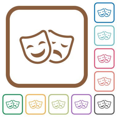 Trajedi ve komedi tiyatro maskeleri basit simgeler renkli kare kare beyaz arka plan üzerinde yuvarlak