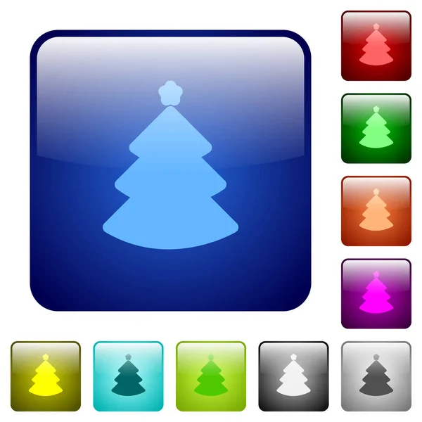 Albero Natale Icone Arrotondato Colore Quadrato Lucido Pulsante Impostato — Vettoriale Stock