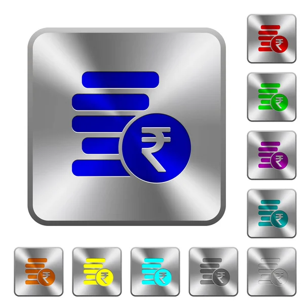 Moedas Rupia Indiana Ícones Gravados Botões Aço Brilhantes Quadrados Arredondados — Vetor de Stock