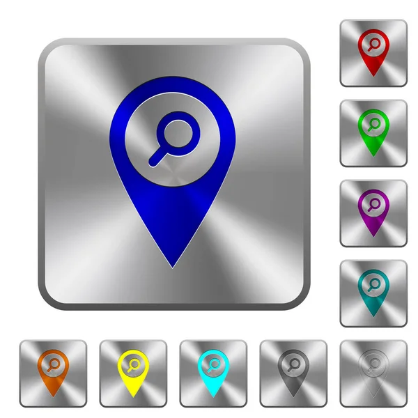 Encontrar Gps Mapa Ubicación Iconos Grabados Redondeado Cuadrados Botones Acero — Vector de stock