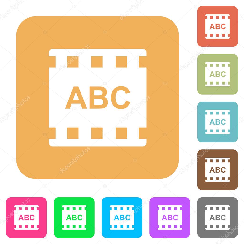 Movie subtitle flat icons on rounded square vivid color backgrounds.