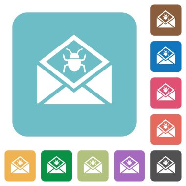 Açık posta simgelerle malware sembolü beyaz düz renk üzerinde yuvarlak kare arka planlar