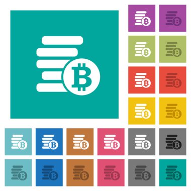 Bitcoins çok düz simgeler düz kare arka plan üzerinde renkli. Beyaz ve koyu kutsal kişilerin resmi varyasyon hover veya etkin efektleri dahil.