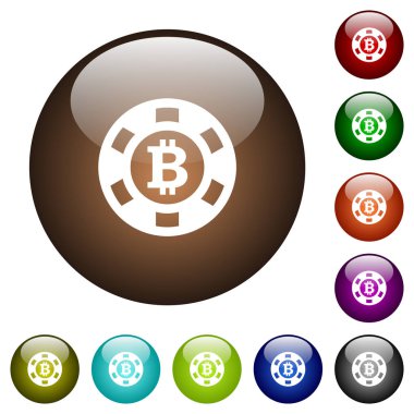 Yuvarlak Bitcoin casino çip beyaz simgeler üzerinde renk cam düğmeleri