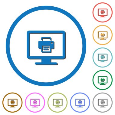 Beyaz arka plan üzerinde ekran düz renk vektör simgeler yuvarlak özetliyor gölgelerde ile yazdırma