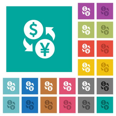 Dolar Yen para Satım çok düz simgeler düz kare arka plan üzerinde renkli. Beyaz ve koyu kutsal kişilerin resmi varyasyon hover veya etkin efektleri dahil.